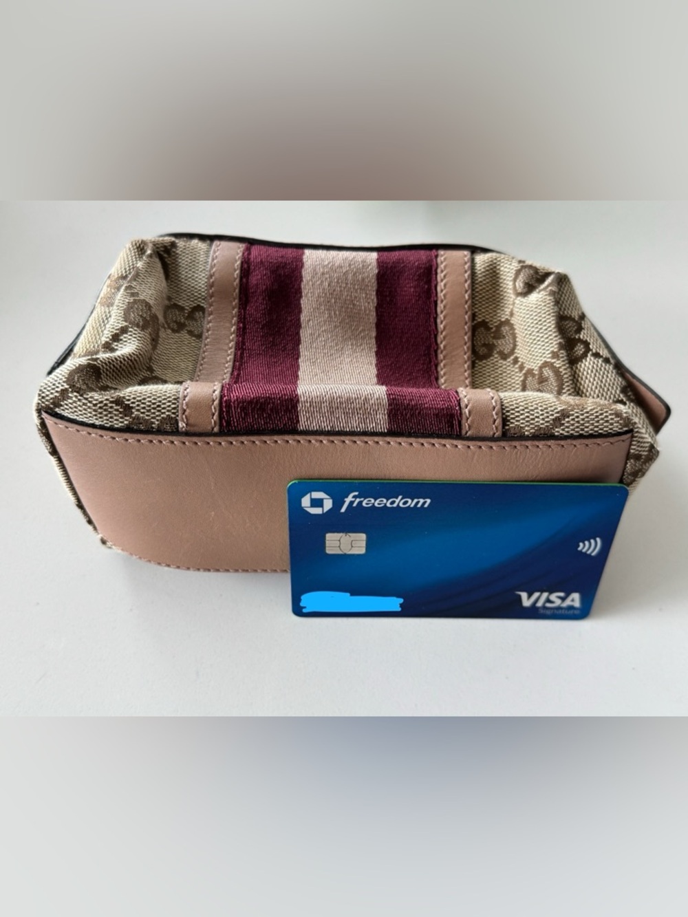 Gucci Beige GG Canvas Cosmetic Pouch with Pink and Burgundy Web - Picture 3 of 7